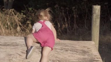 baby toddler girl climbs up the tree playing in the forest park. One little Sibling have fun outside. happy kid dream concept. child sitting on the log in lifestyle park. Friendship, Childhood sunset.