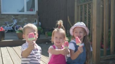 Three cute little Children enjoys delicious ice cream cone. Child eating watermelon popsicle. Kids Siblings snack sweets in Home Garden. Summer holiday Hot weather Sunny Day. Childhood, Food Candy.