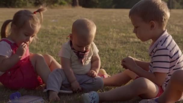 People Park Happy Family Silhouette Sitting Grass Sunset Mom Three — Wideo stockowe