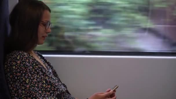 Close Shot Young Attractive Ukraine Female Glasses Sitting Moving City — Video