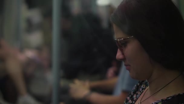 Close Shot Young Attractive Ukraine Female Glasses Sitting Moving City — Vídeo de stock