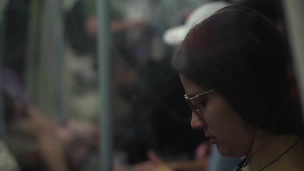 Close Shot Young Attractive Ukraine Female Glasses Sitting Moving City — Video