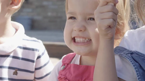 Close Portrait Girl Enjoys Delicious Ice Cream Cone Child Eating — Stockfoto