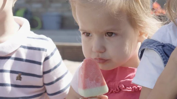 Close Portrait Girl Enjoys Delicious Ice Cream Cone Child Eating — Stockfoto