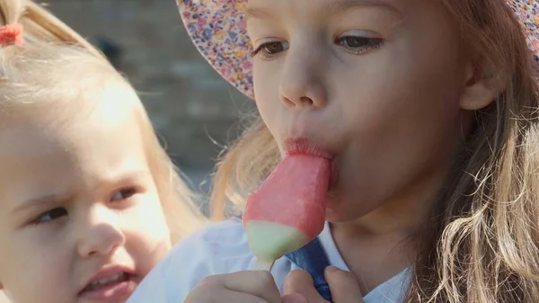 Close Portrait Girl Enjoys Delicious Ice Cream Cone Child Eating Stok Gambar