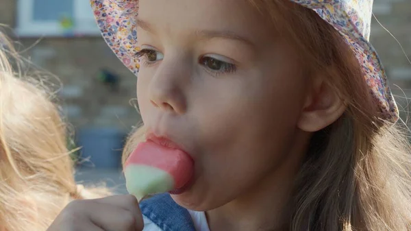 Close Portrait Girl Enjoys Delicious Ice Cream Cone Child Eating Imagens Royalty-Free