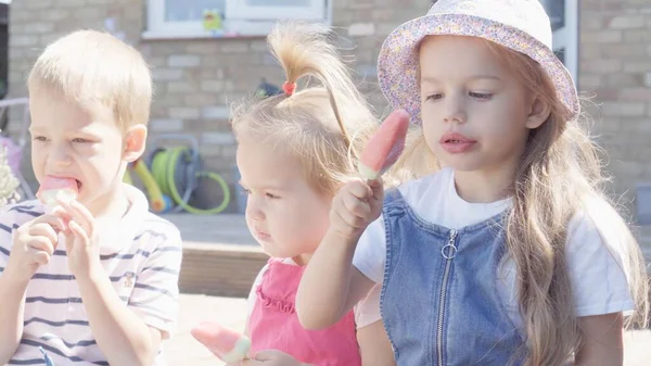 Three Cute Little Children Enjoys Delicious Ice Cream Cone Child — Stock Fotó