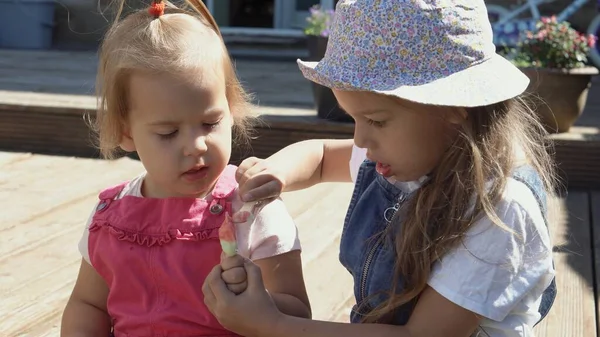 Three Cute Little Children Enjoys Delicious Ice Cream Cone Child — Stockfoto