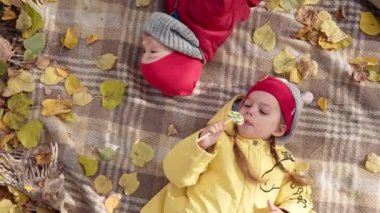 Küçük anaokulu çocuğu kardeşler, gülümseyen kız çocuk, dinleniyor. Ekose düşmüş yaprakların üzerinde rahatlıyor. Sepet içinde çocuklar şeker yiyor. Aile, Sonbahar Konsepti.