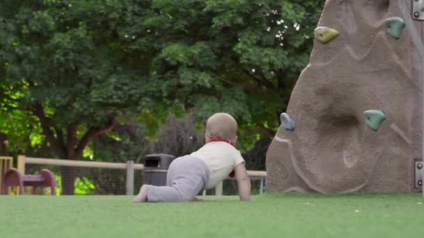 Mutlu Aile Piknik Yapıyor Küçük Bebek Yeşil Çimlerde Sürünüyor Park — Stok video