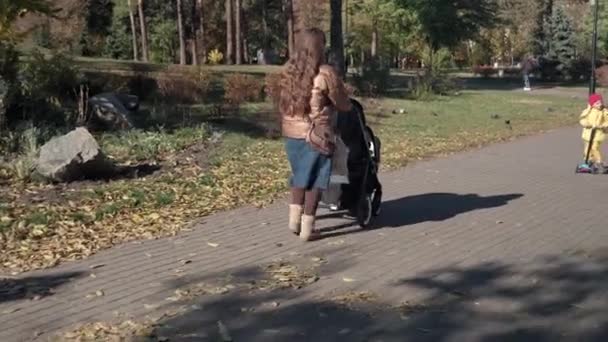 Młoda Matka Opiekunka Długimi Włosami Kurtce Spacerując Wózkiem Dla Dzieci — Wideo stockowe