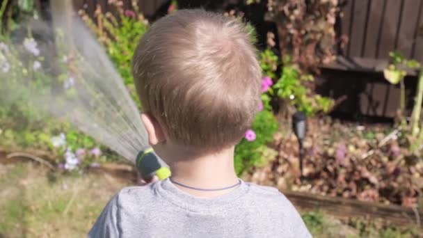 Vicces Kisfiú Öntözi Gyepnövényeket Kerti Házban Imádnivaló Gyermek Játszik Öntözőtömlő — Stock videók