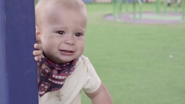 Mały Chłopiec Stoi Zewnątrz Małe Dziecko Czołga Się Zielonej Trawie — Wideo stockowe