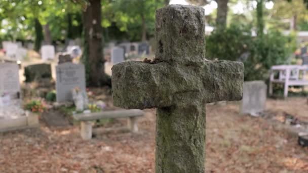 Zamknij Panoramę Wielki Kamienny Krzyż Starym Brytyjskim Cmentarzu Samotne Groby — Wideo stockowe