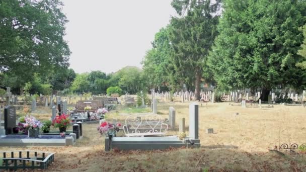 Panorama Över Gamla Övergivna Kyrkogården Sommardagen Grave Kyrkogården Med Monument — Stockvideo