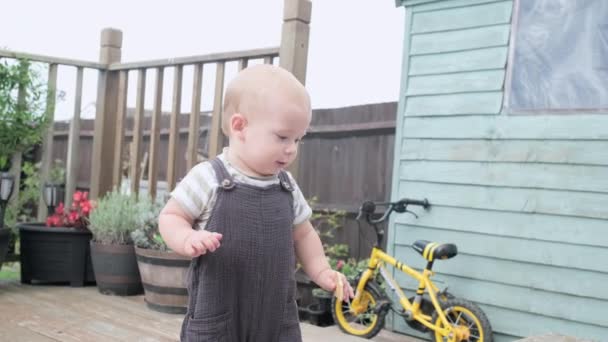 아이들 걸음마하는 아이들 엄마가 즐겁게 정원에서 재미있는 아이가 걸음을 내딛고 — 비디오