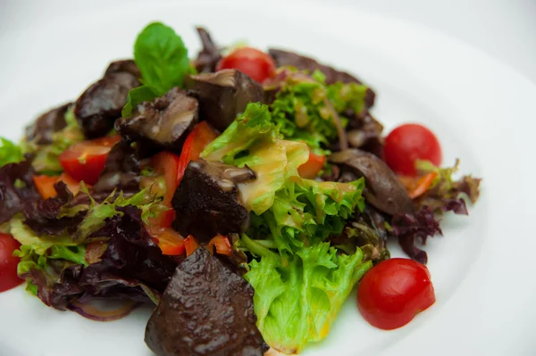 Rabbit liver salad with cherry tomato over white — Stock Photo, Image