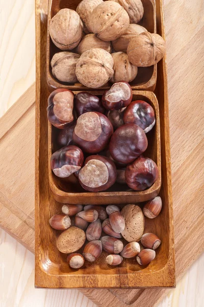 Walnuts, chestnuts, hazelnuts and almonds — Stock Photo, Image