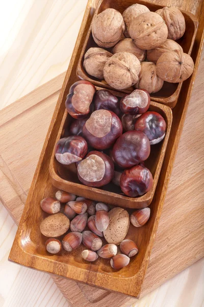 Walnuts, chestnuts, hazelnuts and almonds — Stock Photo, Image