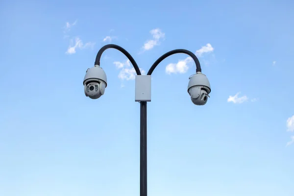 Surveillance Cctv Closed Circuit Television Camera Installed Public Park Blue — Stock Photo, Image