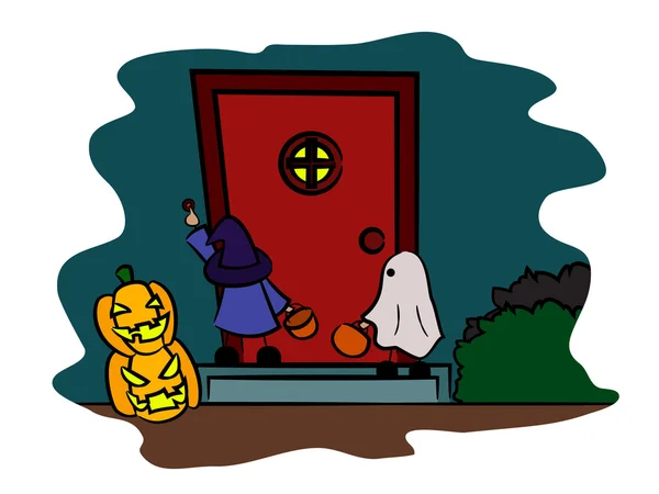 Děti v halloween kostýmu čekání před dveře — Stockový vektor