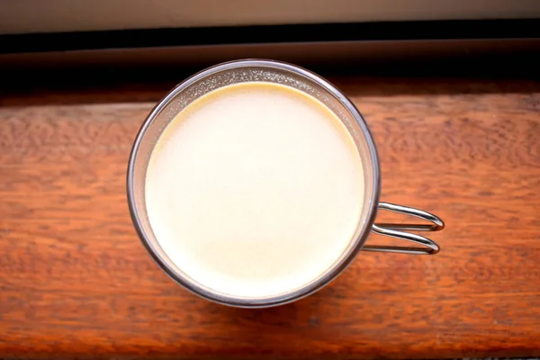 Top Visto Una Taza Café Caliente Sobre Fondo Madera Café —  Fotos de Stock