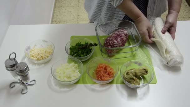 Mostrando gli ingredienti per ricetta torta di carne — Video Stock