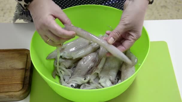 Casalinga mostra calamari freschi prima di cucinare — Video Stock