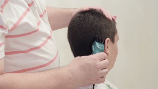 Il padre grasso dà un taglio di capelli a figlio — Video Stock