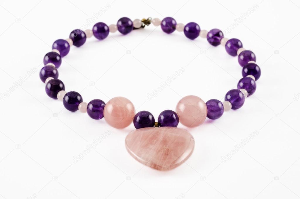Amethyst necklace with rose quartz heart