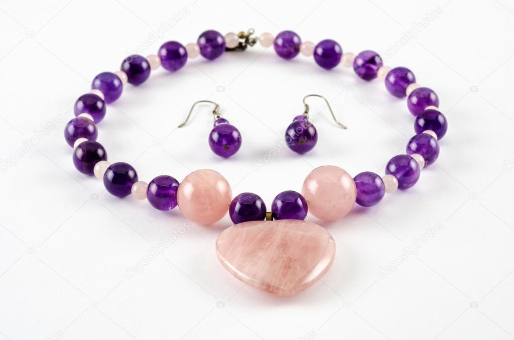 Amethyst necklace with rose quartz heart and earings