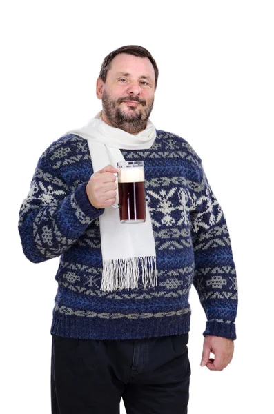 The bearded man in a white scarf is holding stout mug — Stock Photo, Image