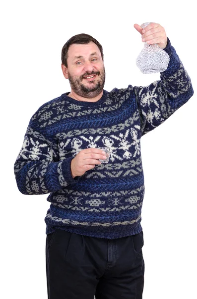 Man raised his left hand with carafe of vodka — Stock Photo, Image