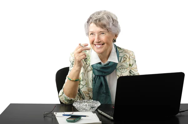 Amazing old business woman asking lighter — Stock Photo, Image