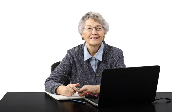 Gris peludo anciana hablando en skype — Foto de Stock