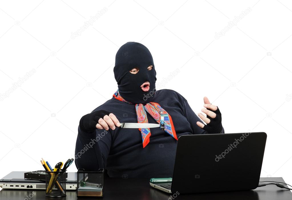 Computer robber holding usb flesh memory on knife