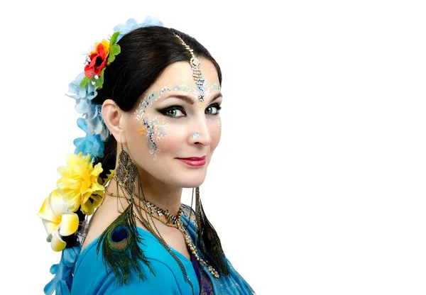 Beautiful caucasian woman with indian style facial makeup — Stock Photo, Image