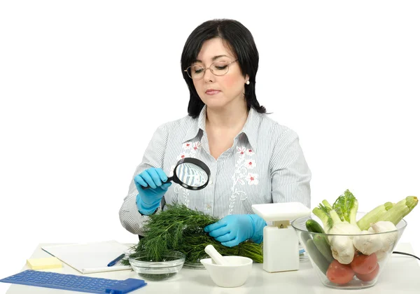 Técnico fitosanitario inspeccionando cuidadosamente en un eneldo fresco — Foto de Stock