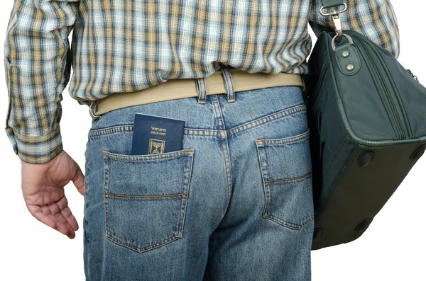 Passenger holding Israeli passport in rear pocket — Stock Photo, Image