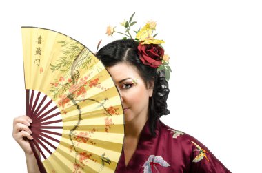 kimono kadın yüzü bir fan arkasında saklanıyor