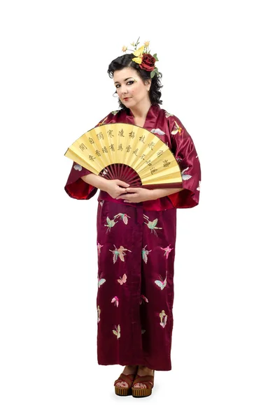 Portrait of kimono white woman with fan in full growth — Stock Photo, Image