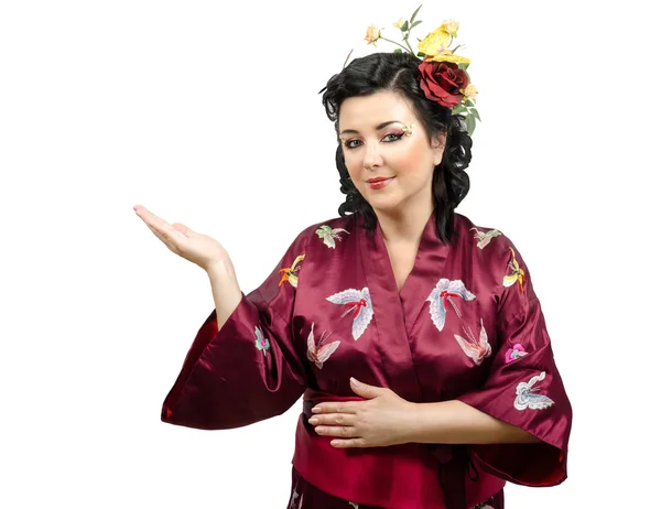 Kimono-Kaukasierin hob ihre rechte Hand — Stockfoto