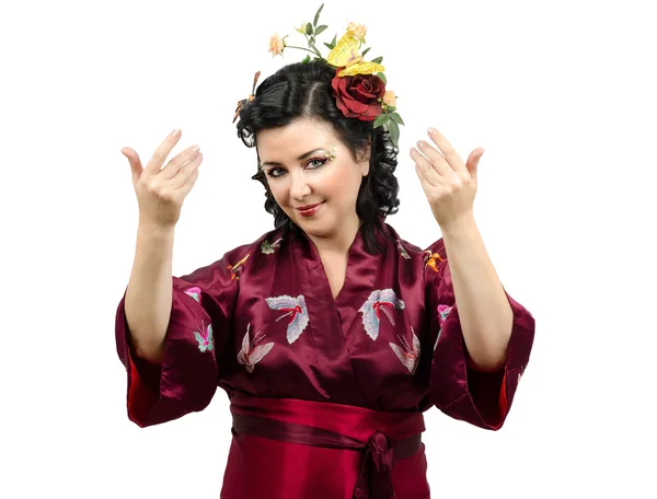 Kimono donna caucasica ti invita — Foto Stock