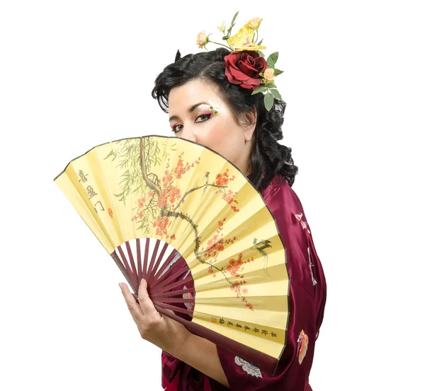 Caucasian kimono woman holding traditional fan — Stock Photo, Image