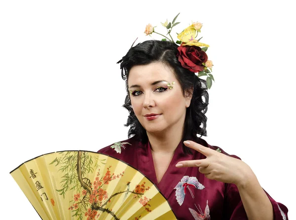 Kimono Kavkazský žena dělá gesto frajer — Stock fotografie