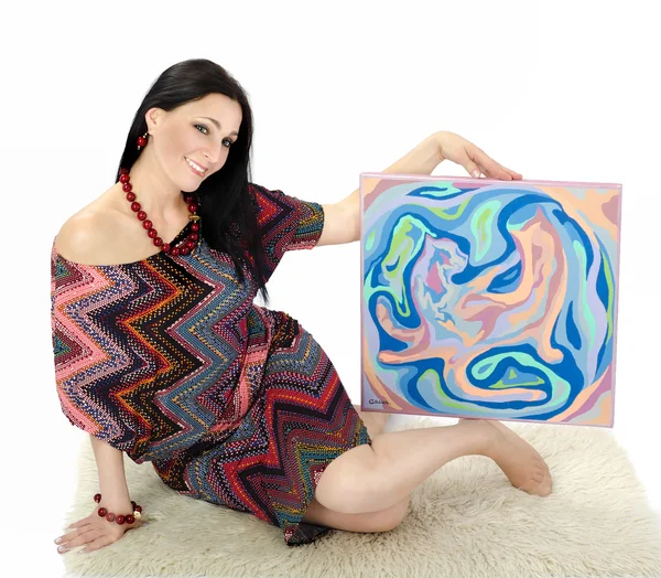 Artiste assis avec peinture abstraite Chats — Photo