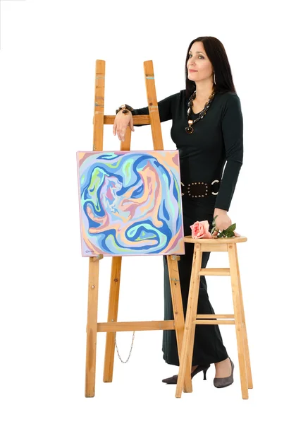Artist showing abstract painting Cats — Stock Photo, Image