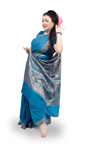 Woman dancing in blue sari — Stock Photo, Image