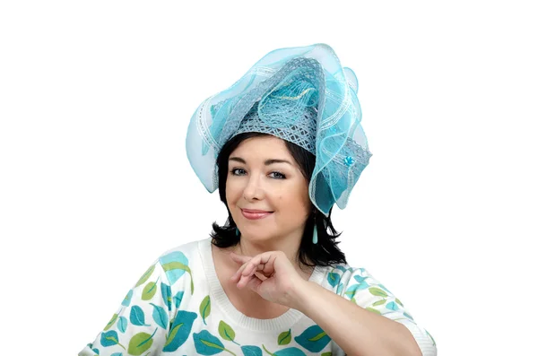 Woman wearing sky blue hat — Stock Photo, Image