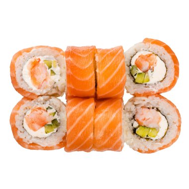 Beyaz arka planda 6 miligram suşi. Sushi dürümlü lezzetli Japon yemeklerini yakından çek. Üst görünüm